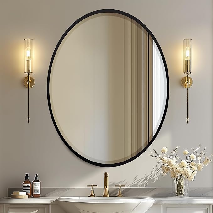 OVALCREST - Oval Wooden Beveled Wall Mirror for Home Decor, Bathroom, Vanity, Bedroom, Living Room, Hallway - London Style (Matte Black) 25.1 x 19.1