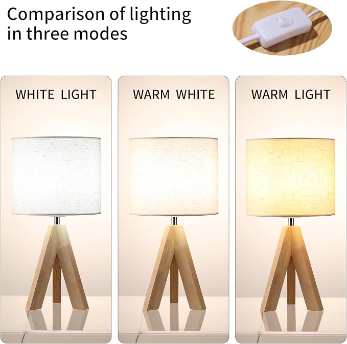 Table Lamp,Small Tripod Desk Lamp with Linen Fabric Lampshade,14.9",Tri-Color 5W Wooden Table Lamp for Living Room,Kids Room,Nursery