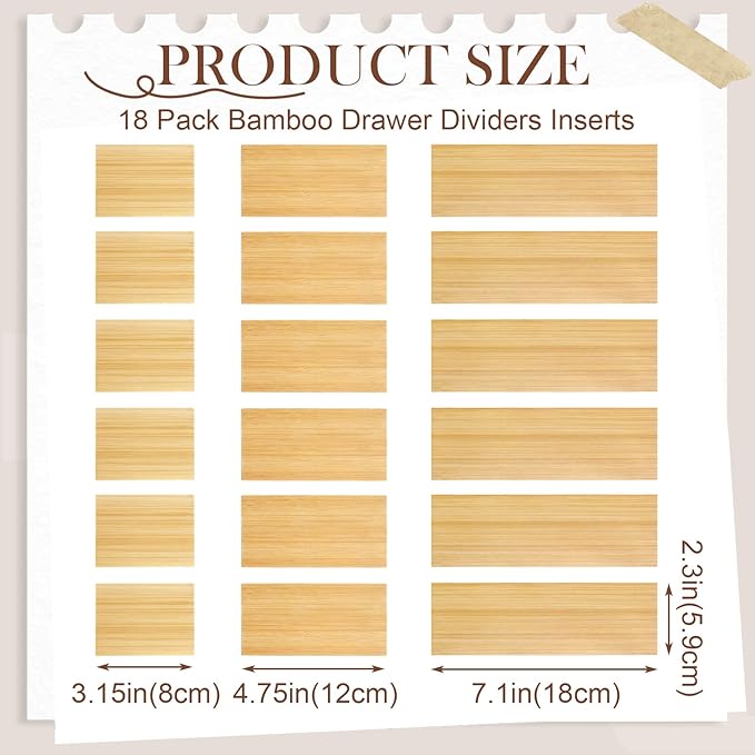18 Pack Bamboo Drawer Dividers Inserts 3 Sizes Adjustable