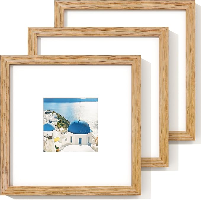 Axeman 8x8 Solid Oak Wood Picture Frame With Mat - 4x4 | Plexiglass & Hanging Hardware Included - Natural, 3 PCs