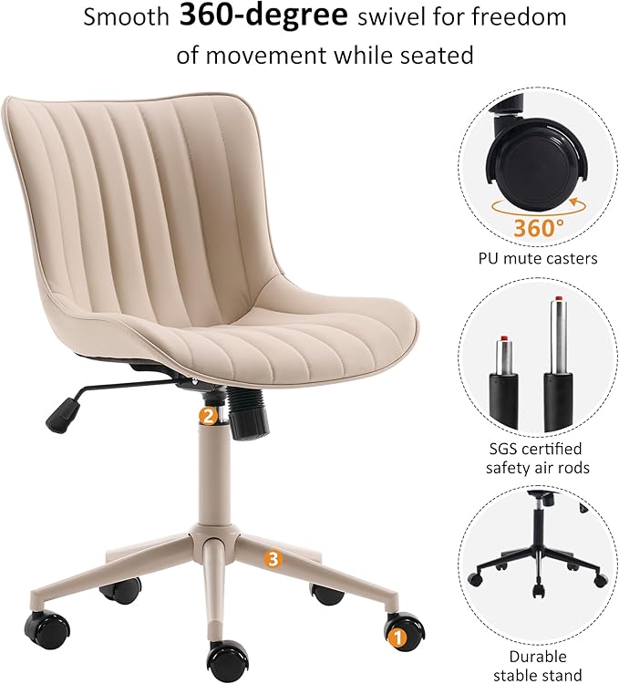 YOUNIKE Cream Home Office Desk Chair with Wheels Armless Compact Comfy Vanity Chair with Adjustable Back Modern Small Leather Upholstered Rolling Swivel Cute Computer Task Sewing Chair No Arms