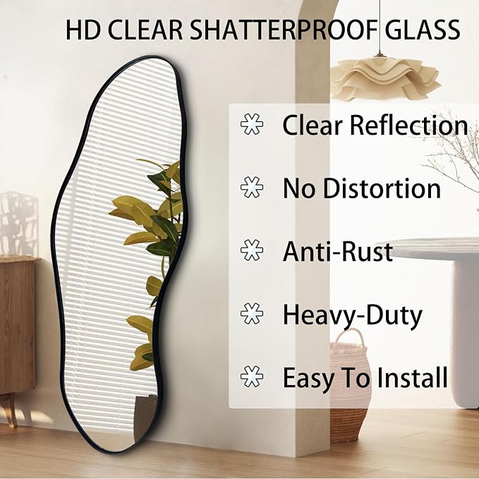 Irregular Wall Mirror, 47"x20.5" Asymmetrical Decorative Accent Mirror with Black Metal Frame, Organic Shape Mirrors for Entryway Bedroom Living Room, Horizontal or Vertical Hanging