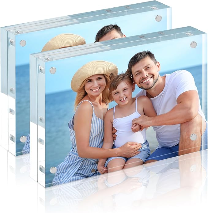 HOUSE DAY Acrylic Picture Frames 5x7, 2 Pack Magnetic 5x7 Picture Frame, Double Sided Clear 5 x 7 Photo Frame with Microfiber Cloth, Frameless FreeStanding 5x7 Frame Gift for Desktop Display