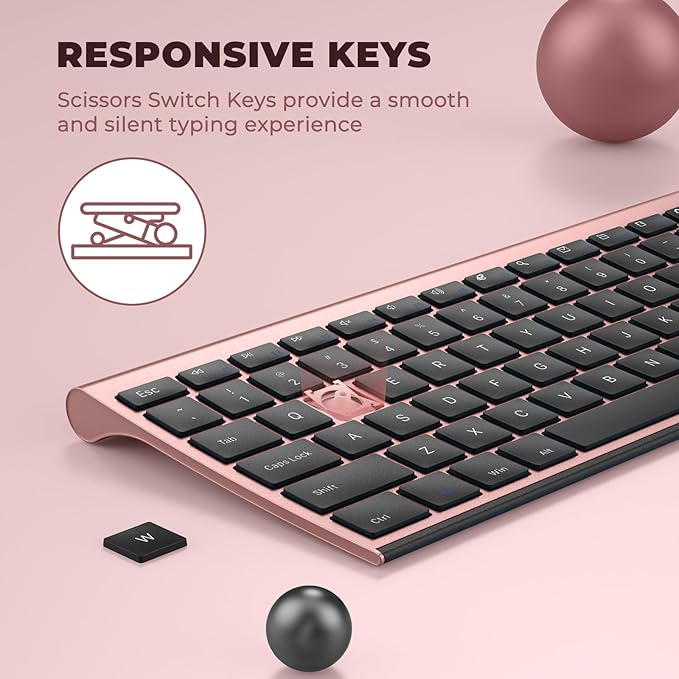 Wireless Keyboard and Mouse, Vssoplor 2.4GHz Rechargeable Compact Quiet Full-Size Keyboard and Mouse Combo with Nano USB Receiver for Windows, Laptop, PC, Notebook-Black and Rose Gold