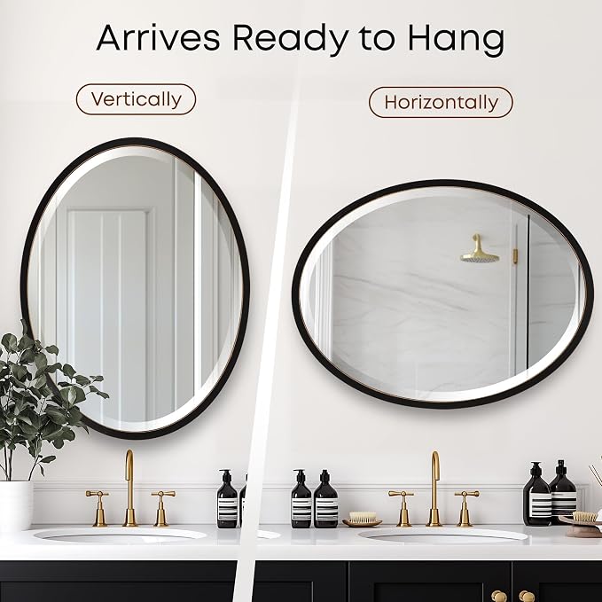 OVALCREST - Oval Wooden Beveled Wall Mirror for Home Decor, Bathroom, Vanity, Bedroom, Living Room, Hallway - London Style (Rubbed Black) 25.1 x 21.1