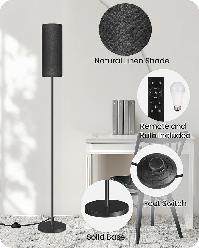 Dimmable Black Floor Lamp for Living Room with Remote and Foot Switch, Corner Floor Lamp for Bedroom, Modern Standing Tall Lamp, 10W 900LM Bulb Included, 3000K-6500K, Linen Shade, FCC Listed B06LD05W1