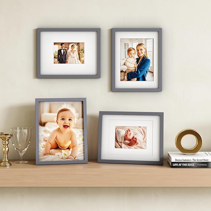 Egofine 11x14 Picture Frame Display Pictures 5x7 / 8x10 with Mat or 11x14 Without Mat Made of Solid Wood Covered by Plexiglass for Table Top Display and Wall Mounting Photo Frame, Dark Grey