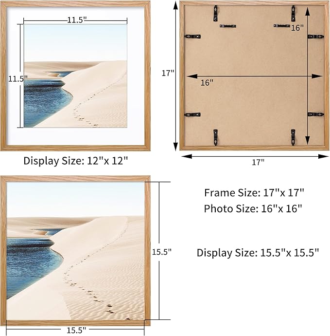 Axeman 16x16 Picture Frame with Mat for 12x12, Solid Oak Wood Square Picture Frame with Tempered Glass, Wooden Square Photo Frame 16''x16'' for Art Photo and Prints, Set of 2, Natural