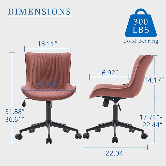 YOUNIKE Office Chair, Armless Desk Chair with Wheels, Adjustable Swivel Home Office Computer Task Chairs, Modern Faux Leather Upholstered Vanity Chair with Back, Dusty Rose