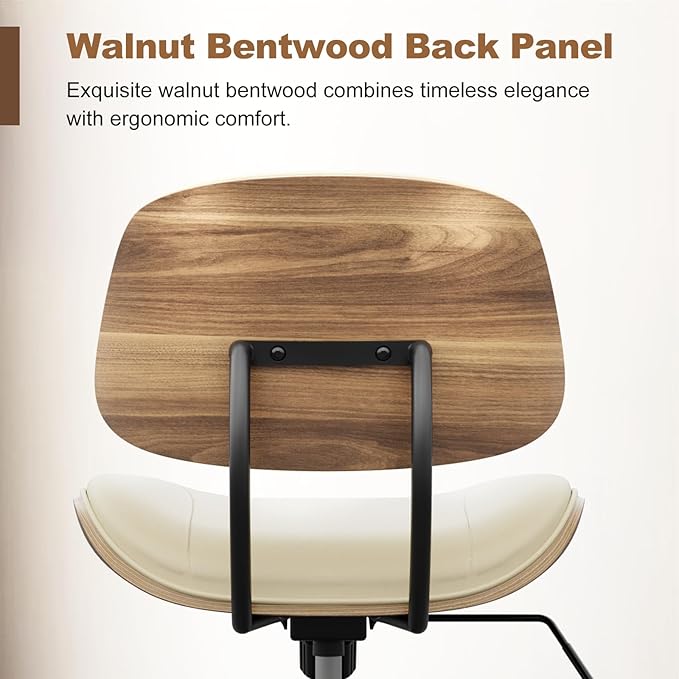 Armless Office Chair with Wheels, PU Leather Adjustable Height Desk Chair - 360° Swivel Ergonomic Computer Chair for Small Space, Modern Walnut Style, Home & Meeting Room, Beige