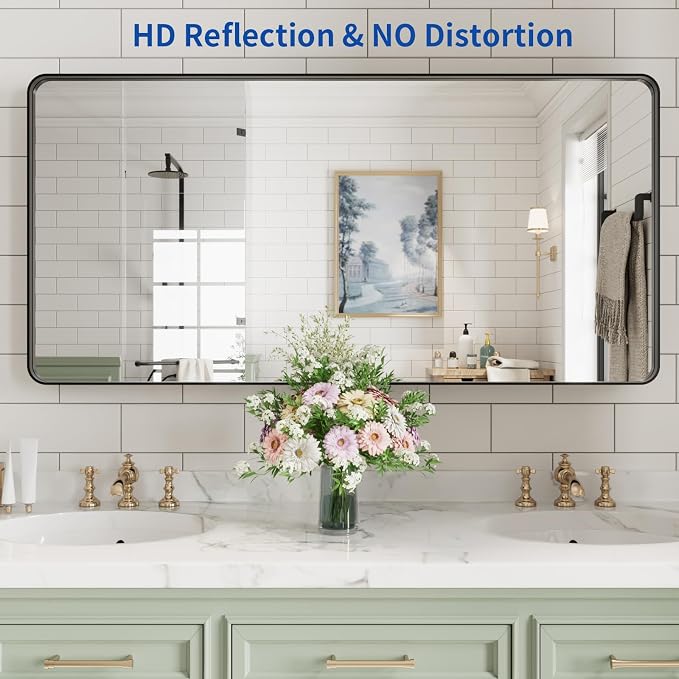 WEER Black Bathroom Mirror for Wall, 48X24 Inch Matte Black Mirror, Rectangular Black Metal Framed Vanity Mirror with Tempered Glass, Rounded Corner, Anti-Rust (Horizontal/Vertical)