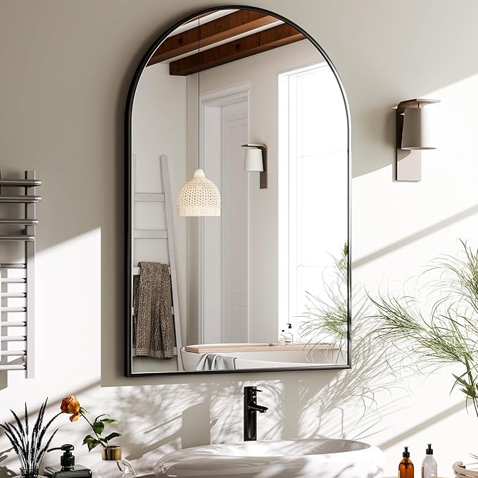 HARRITPURE 20"x28" Arched Bathroom Mirror, Wall Mounted Mirror, Black Arch Mirror, Aluminum Alloy Frame Wall Mirror for Living Room, Bedroom and Entryway