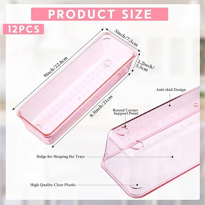 Maitys 12 Pcs Clear Drawer Organizer 9 x 3 x 2 Inches Plastic Rectangle Trays