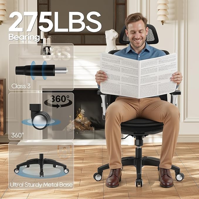 COLAMY Ergonomic Office Chair with Footrest, High Back Mesh Desk Chair with Adjustable Lumbar Support, 3D Armrests, Headrest, Recline Function, Rolling Swivel Task Chair for Home Office (Graphite)