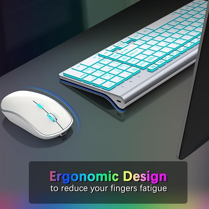 J JOYACCESS Wireless Keyboard and Mouse Combo with 7 Backlit Options,Quiet Light Up Keys,Type-C Rechargeable,Sleep Mode-2.4G Slient Portable Cordless Combo for Laptop/PC/Computer/Mac(White+Sliver)