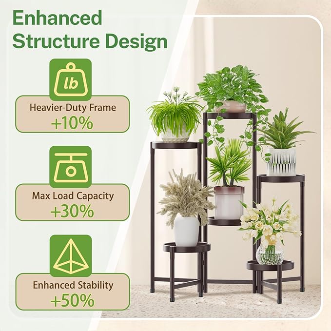 iDavosic.ly Plant Stand Indoor Outdoor, 6 Tier Corner Metal Flower Display Holder Shelf, Folding Tall Orchid Rack for Patio Balcony Porch Garden Living Room House, Violet Bronze