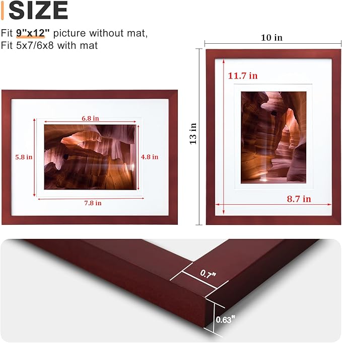 Egofine 9x12 Picture Frame Made of Solid Wood Covered by Plexiglass, Wood Frame for Pictures 5x7/6x8 with Mat or 9x12 without Mat, Tabletop and Wall Mounting Display, Dark Red