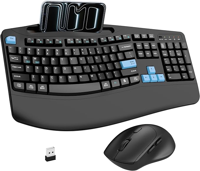 Wireless Keyboard and Mouse Combo, 2.4G Full Size Wave Keys Ergonomic Keyboard with Wrist Rest, Phone Holder, 3-Level DPI Wireless Silent Mouse with 6-Buttons, for Windows, Mac OS, Laptop (Blue Black)