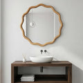 24" Wavy Round Solid Wood Frame Decorative Mirror, for Bedroom, Bathroom, Living Room, Entryway, HU26052223 (Oak)