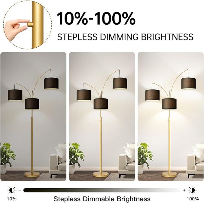 Nintiue Dimmable Floor Lamp - 3 Lights Gold Floor Lamps for Living Room with Black Shades & Heavy Base, Mid Century Tree Floor Lamp for Bedroom Office, 3 LED Bulbs Included
