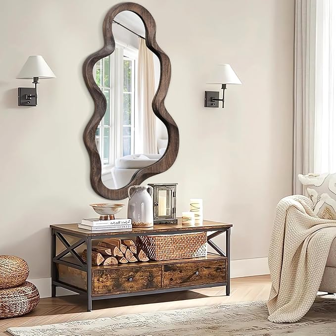Asymmetrical Mirrors for Wall Unique Cloud Wood Frame Irregular Mirror Modern Living Room Bedroom Vanity Entryway Hallway Decorative Artistic Wall Mirror Brown