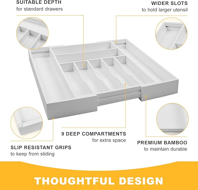 Large Premium Bamboo Silverware Organizer