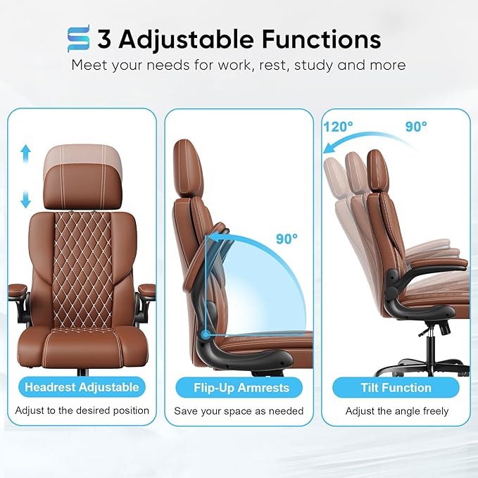 Sytas Executive Leather Office Chair, Comfy Desk Chair with Adjustable Headrest & Flip-up Padded Arms & Lumbar Support, Adjustable Hight and Tilt, Rolling Swivel, Brown