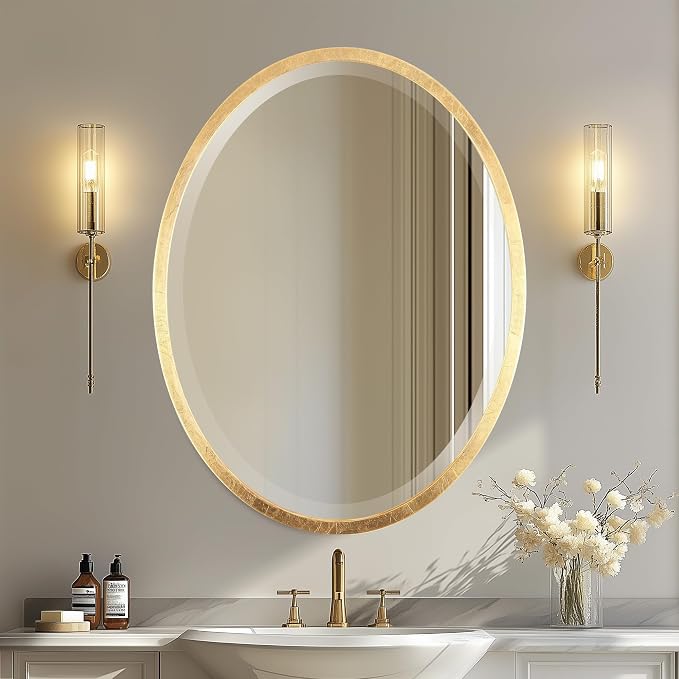 OVALCREST - Oval Wooden Beveled Wall Mirror for Home Decor, Bathroom, Vanity, Bedroom, Living Room, Hallway - London Style (Gold Leaf) 29.1 x 23.1