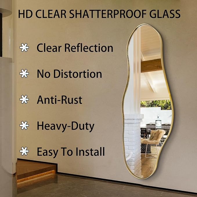 Irregular Mirror, 47"x20.5" Asymmetrical Decorative Accent Mirror with Black Metal Frame, Large Organic Shape Mirrors for Entryway Bedroom Living Room, Horizontal or Vertical Hangin