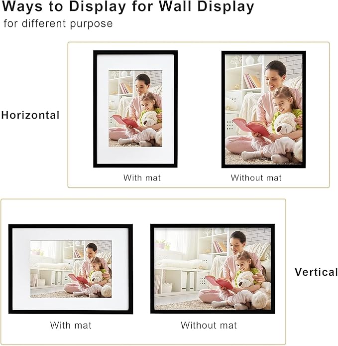 Egofine A2 Solid Wood Picture Frame, Made of Solid Wood Covered by Plexiglass A3 with Mat 16.5 x 23.4 without Mat, Poster Frame for Wall Mounting Hanging Photo Frame Vertically or Horizontally, Black