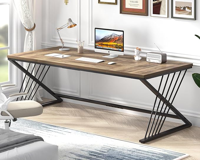 FOLUBAN 70.9" Computer Desk with Z-Shaped Legs, Industrial Work Executive Home Office Desk, Large 2 Person Gaming Study Desk Writing Table, Oak