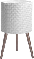 D'vine Dev 14 Inch Modern Geometric Tile Patterned Sleek Planter Pot with Stand, Indoor Outdoor Decorative Plant Holder, Matte White, 88-Z-D-1