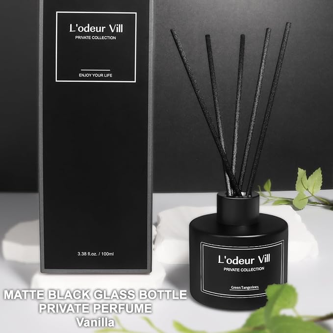 L'odeur Vill Reed Diffuser, 3.4oz(100ml) Green Tangerines Reed Diffuser Set with 6 Oil Diffuser Sticks, Matte Black Aroma Scent Diffuser, Long Lasting Home Fragrance for Bathroom Shelf Decor