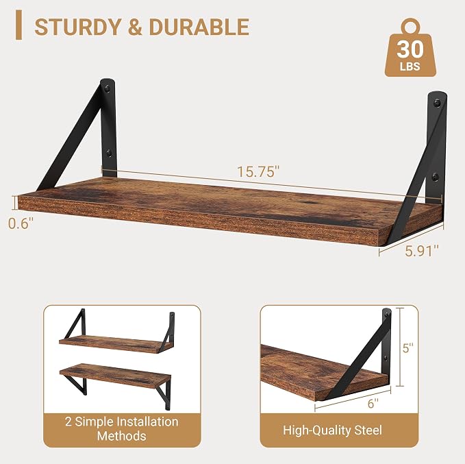 Heimlove Floating Shelves for Wall, 16 Inch Long Wood Floating Shelves Set of 3, Wall Mounted Hanging Shelf for Bathroom Bedroom Kitchen, Rustic Brown