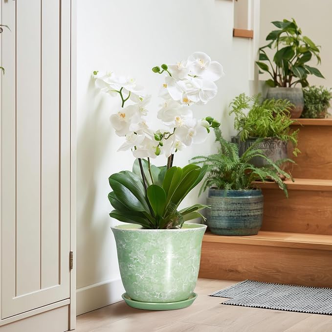 Ceramic Pots for Plants - 10 Inch Plant Pot for Indoor Outdoor, Round Planter with Drainage Hole and Saucer, Decorative Plant Pots, Modern Flower Pot, Home Porch Decor, Garden Gifts, Green