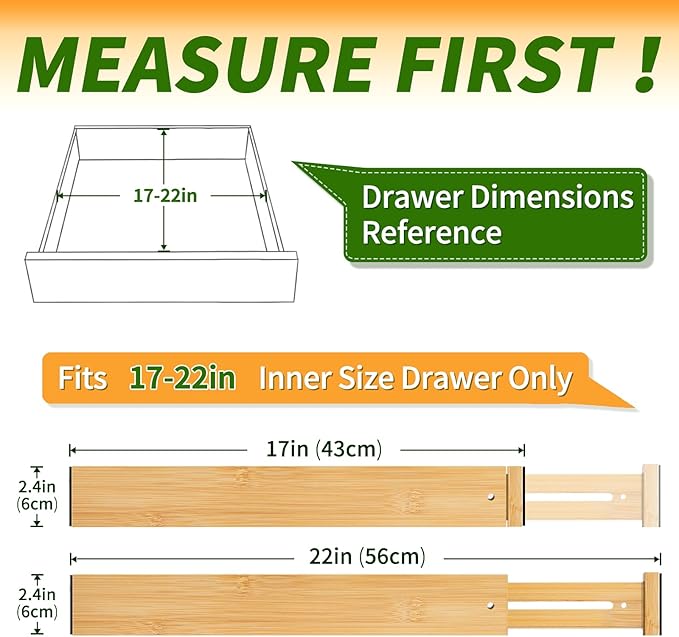 Bamboo Drawer Organizers 4 Pack, 17-22" Adjustable Spring Loaded Dividers