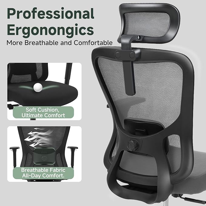 Ergonomic Office Chair - 350LB Mesh Office Chair with Adjustable Lumbar, High Back Computer Desk Chair with 3D Armrest, Comfy Chair with 2D Headrest & Tilt Function for Study, Work, Gaming