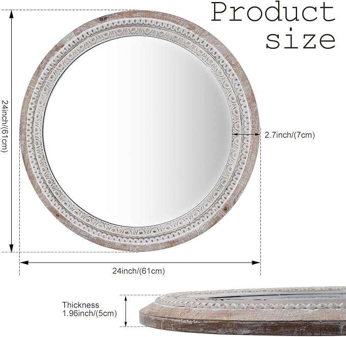 24'' Round Wall Mounted Mirror, Wood Decorative Circle Mirrors, Boho Mirrors with Beaded Frame, Rustic Vanity Mirror, Distressed Mirror for Bathroom, Living Room, Bedroom, Entryway