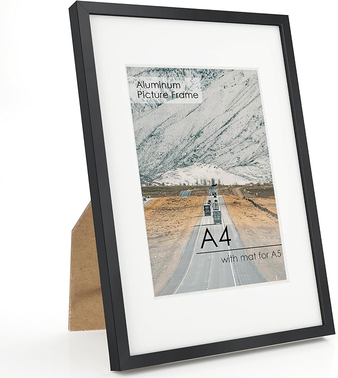 A4 Picture Frame Black - High-End Metal 8.3 x 11.7 Frame Aluminum Frame for Wall, Photo Frame with Mat for A5, 8.25 x 11.75 Poster Frame, Certificate Frame with Glass, Wall Kit, Black