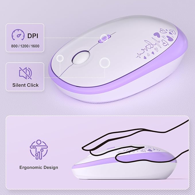 Wireless Keyboard and Mouse Combo, MOWUX Full Size Typewriter Retro Round Computer Keyboard, Cute Optical Mouse Wireless, Plug and Play, for Laptop, PC, Computer- Purple Heart