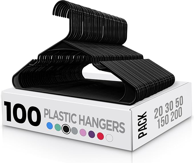 Utopia Home Plastic Hangers 100 Pack - Perfect Space Saving Clothes Hanger - Durable and Strong - Perfect Closet Organizers with Shoulder Grooves (Black)