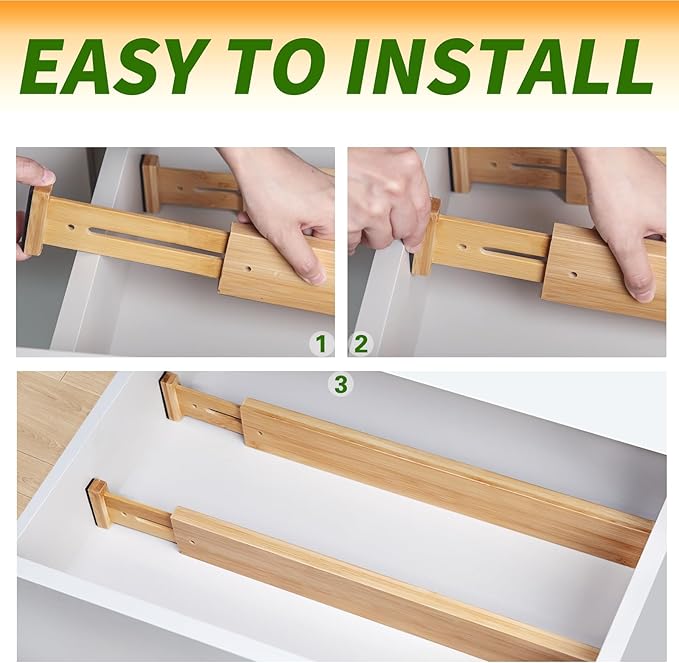 Bamboo Drawer Organizers 4 Pack, 17-22" Adjustable Spring Loaded Dividers