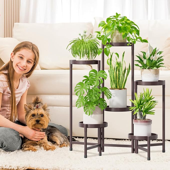 iDavosic.ly Plant Stand Indoor Outdoor, 6 Tier Corner Metal Flower Display Holder Shelf, Folding Tall Orchid Rack for Patio Balcony Porch Garden Living Room House, Violet Bronze