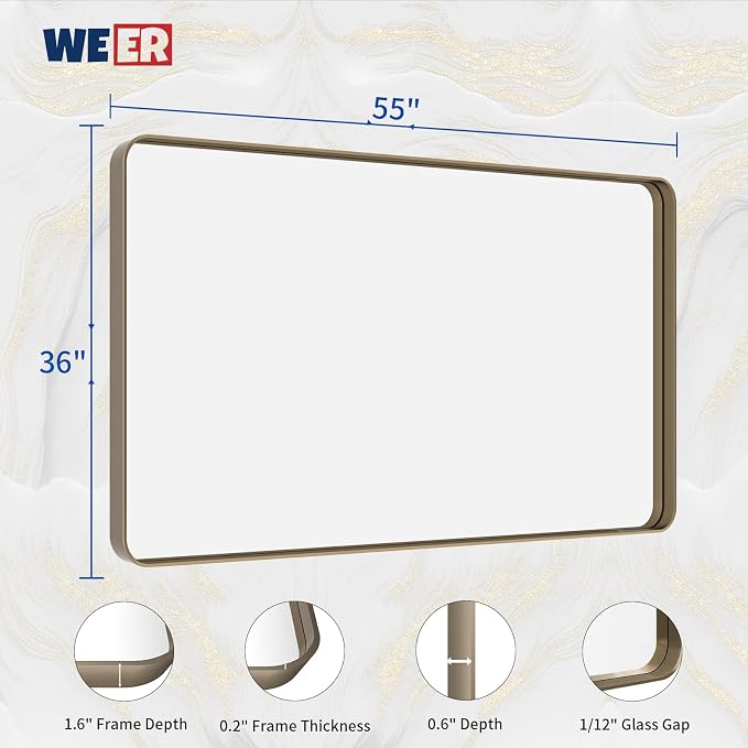 WEER Bronze Framed Modern Wall-Mounted Bathroom Mirror, 55"L x 36"W, Brushed Bronze Aluminum Frame, Shatterproof Tempered Glass, Rounded Rectangle, Horizontal/Vertical Mounting