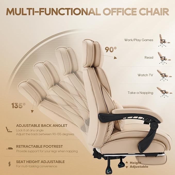 COLAMY Office Chair with Retractable Footrest, Ergonomic High Back Design Executive Computer Desk Chair with Removable Lumbar Pillow, 90-135°Reclining, Thick Bonded Leather, 2 PCs, Khaki