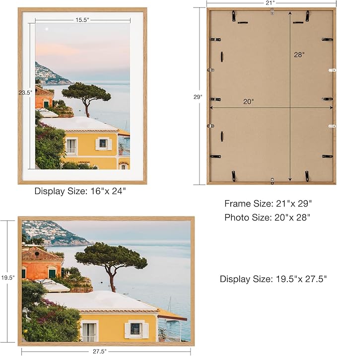 Axeman 20x28 Frame | Solid Oak Wood 20x28 Picture Frame With Mat for 16x24 | 28 x 20 Wood Poster Frame | Tempered Glass and Hanging Hardware Included Home Wall Decor Art Hanging Frame | Natural