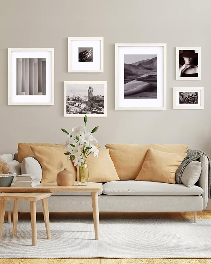 Egofine 12x16 Picture Frame Made of Solid Wood with Plexiglass, Display Pictures 9x12/11x14 with Mat or 12x16 Without Mat for Wall Mounting, Beige