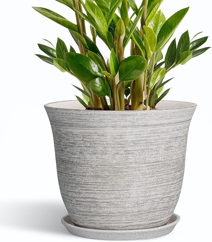 Ceramic Flower Pots - 10 Inch Plant Pot with Drainage Hole and Saucer, Round Planter for Indoor Outdoor, Modern Planters, Large Flower Pot, Home Porch Garden Decor, Plant Lover Gifts, Grey