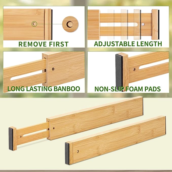 Bamboo Drawer Organizers 4 Pack, 17-22" Adjustable Spring Loaded Dividers