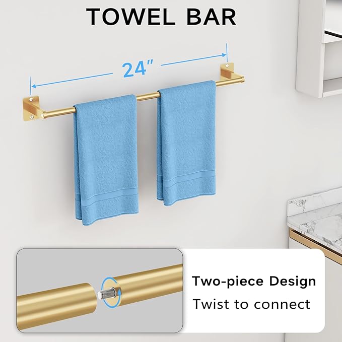 Bathroom Accessories Set, KLJKPA 4 Pieces Gold Bathroom Hardware Set, 24 inch Towel Bar, Towel Racks for Bathroom, Robe Towel Hooks, Toilet Paper Holder Wall Mounted